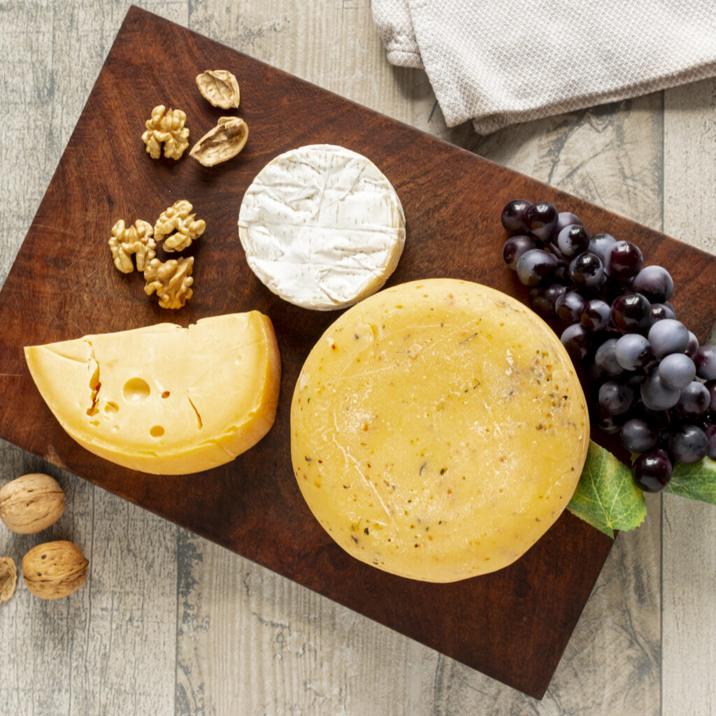 variety tasty cheeses table